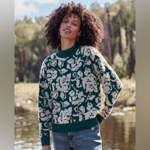 100% Cashmere Garnet Hill Jacquard Pullover Size M Green/White Floral